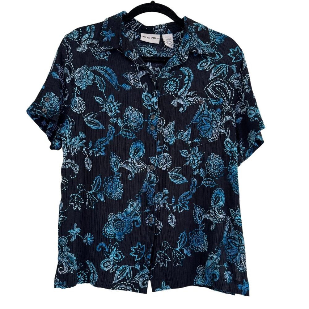 Jacklyn Smith Women's Black/ Blue Paisley Floral Button Up Blouse Size Large